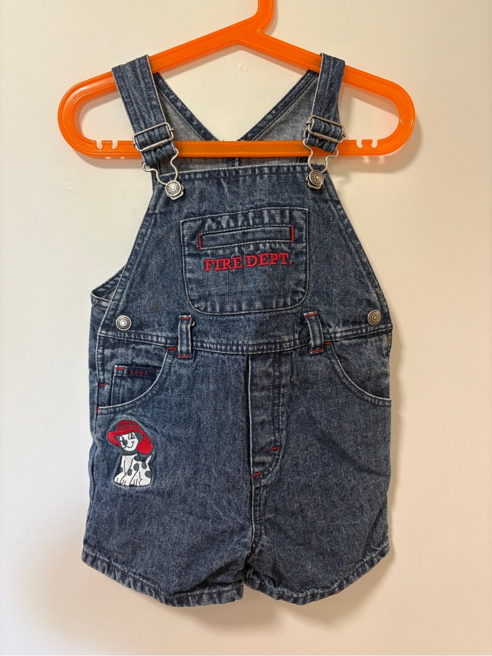 Lee baby shorts denim overalls -jeans size 3T toddler Fire Dept. Sparky